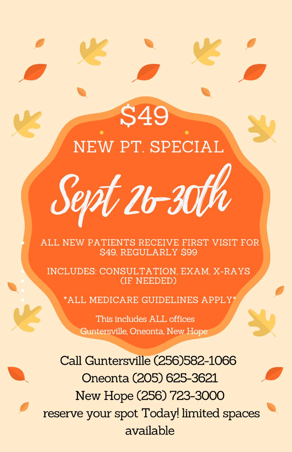 Chiropractic Guntersville AL Fall Festival New Patient Special Flyer